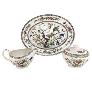 Vintage Johnson Brothers Indian Tree Green Key Platter Creamer Sugar Bowl Set